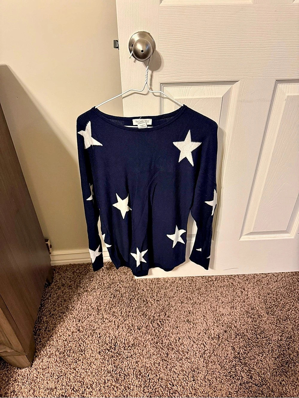 Rachel Zoe Star Print Crewneck Sweater Blue & White Small